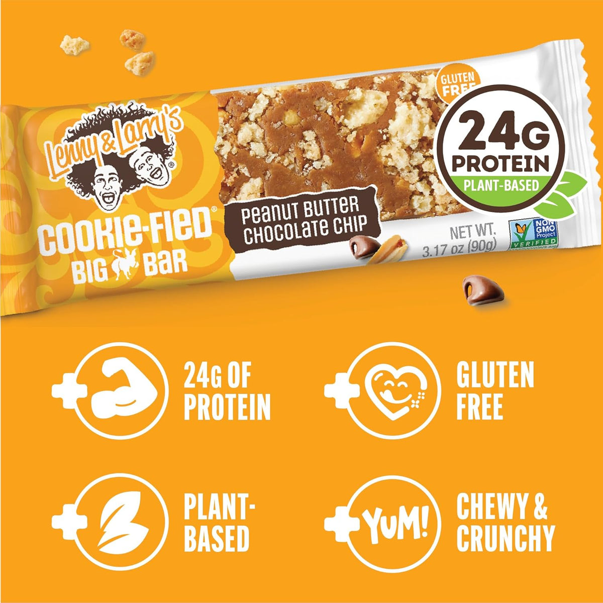 Lenny & Larry's Cookie-fied BIG BAR – Peanut Butter Chocolate Chip Vegan Protein Bars 12x90g – Healthy Snacks, 24g Plant Protein & 10g Prebiotic Fiber – Gluten-Free Power Bar & Vegan