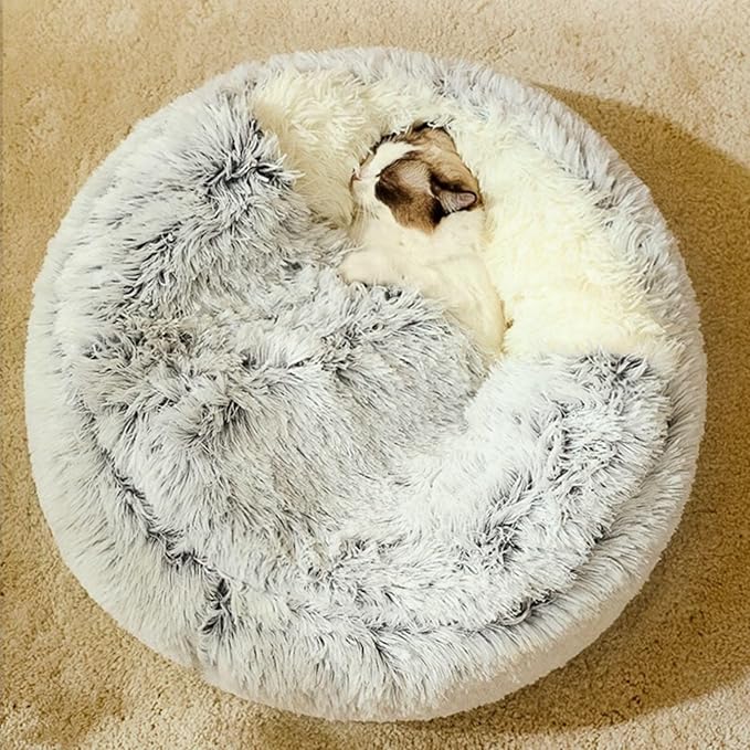 Plush Fluffy Dog and Cats Round Bed – Ultra-Soft Faux Fur Pet Shell Nest with Raised Bolster Edge, Self-Warming Calming Nest for Small to Large Pets (Gray, X Large（31.5“/<75lbs)