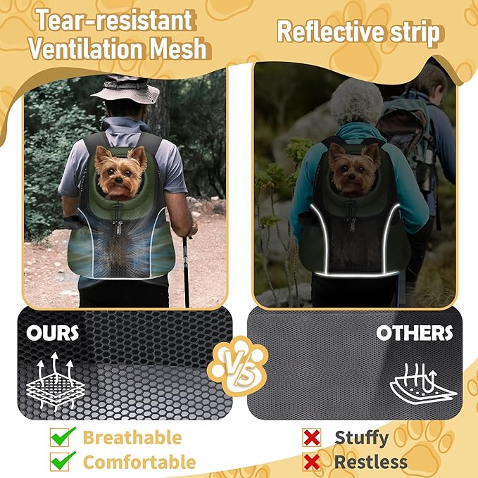 WOYYHO Pet Dog Carrier Backpack Small Dog Front Backpack Ventilated Mesh Dog Travel Back Pack with Safety Belt for Travel Hiking Cycling Outdoor Adventures (Size M: 5-9 lbs, Army Green)