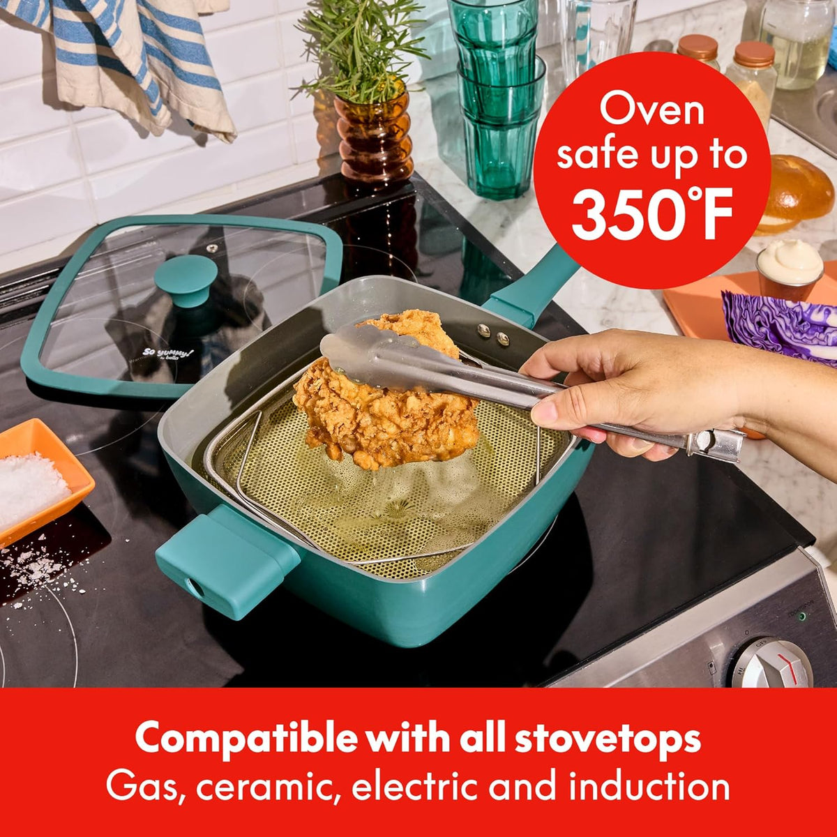 So Yummy by bella 3 Piece Square Pan Set, Aluminum Cookware Set w EverGood™ Ceramic Nonstick Coating, Dishwasher Safe Silicone & Glass Lids, Oven Safe & All Stovetop Compatible, 4.5Qt, Moonstruck