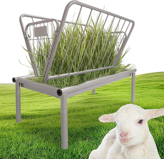 Kojem 4 Ft Long Livestock Feeder, Heavy Duty Steel Livestock 2 in 1 Grain & Hay Feeder, Outdoor Pasture Feeder with Feeding Pan for Goats, Sheep,Ponies, Cow, Horse for Farms, All Weather Feeder