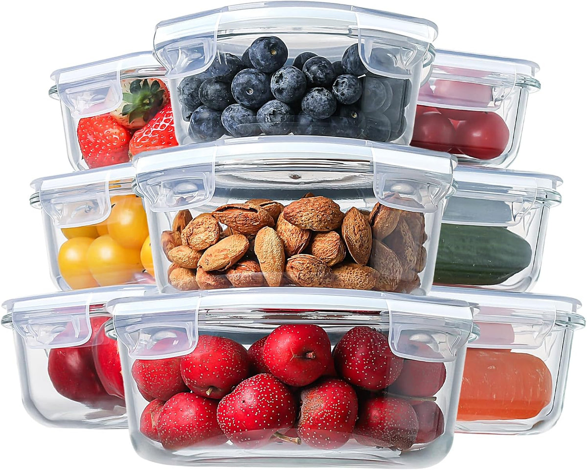 8 Pack Borosilicate Glass Food Storage Containers with Lids, Glass Meal Prep Containers, Airtight Bento Lunch Boxes with Leak Proof Locking, Oven, Freezer and Dishwasher Safe, BPA Free, 5-35oz
