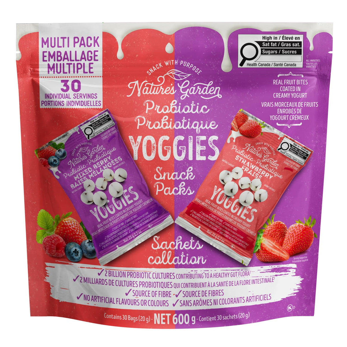 Nature's Garden Probiotic Variety Pack Yoggies 21oz (30 x 0.7oz) Pack of 2 (Strawberry Yoggies 15x0.7 oz +Mixed Berry Yoggies 15x0.7 oz) Yogurt Covered Fruit Snacks, High Fiber, Real Fruit Pieces, Office Snack Variety Packs For Adults, Gluten Free
