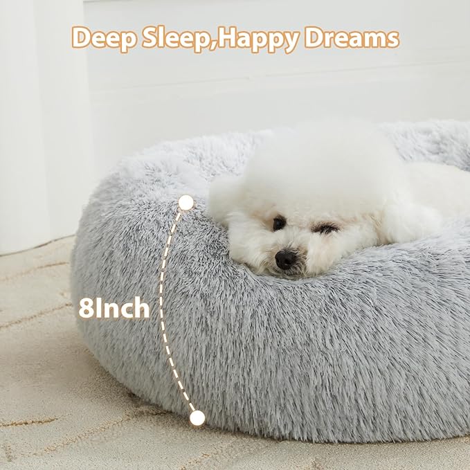 WNPETHOME Calming Dog Bed Cat Bed Donut, Faux Fur Pet Bed Self-Warming Donut Cuddler, Comfortable Round Plush Dog Beds(20 x 20 x 8 Inch, Light Grey)