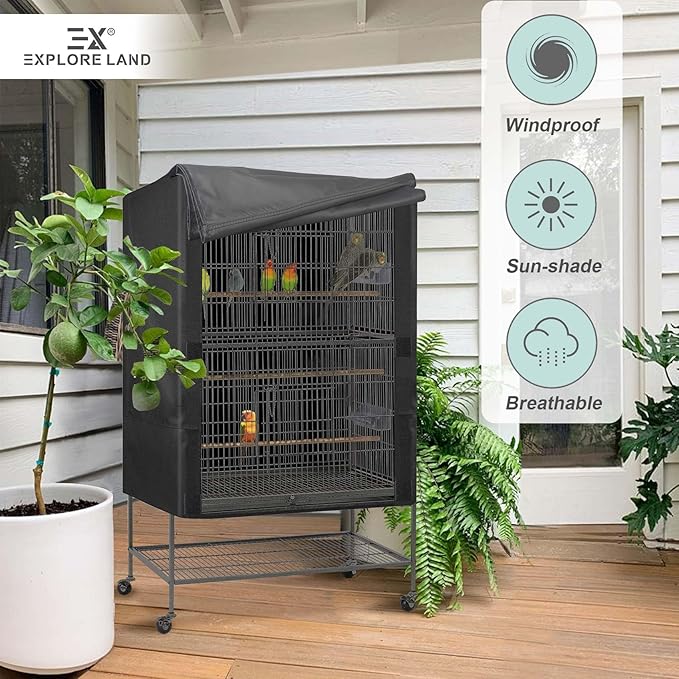 Explore Land Bird Cage Cover - Good Night Sunshade Enclosure for Cats, Mink, Totoro, Parakeet, Parrot and Small Animals (Black, XL)