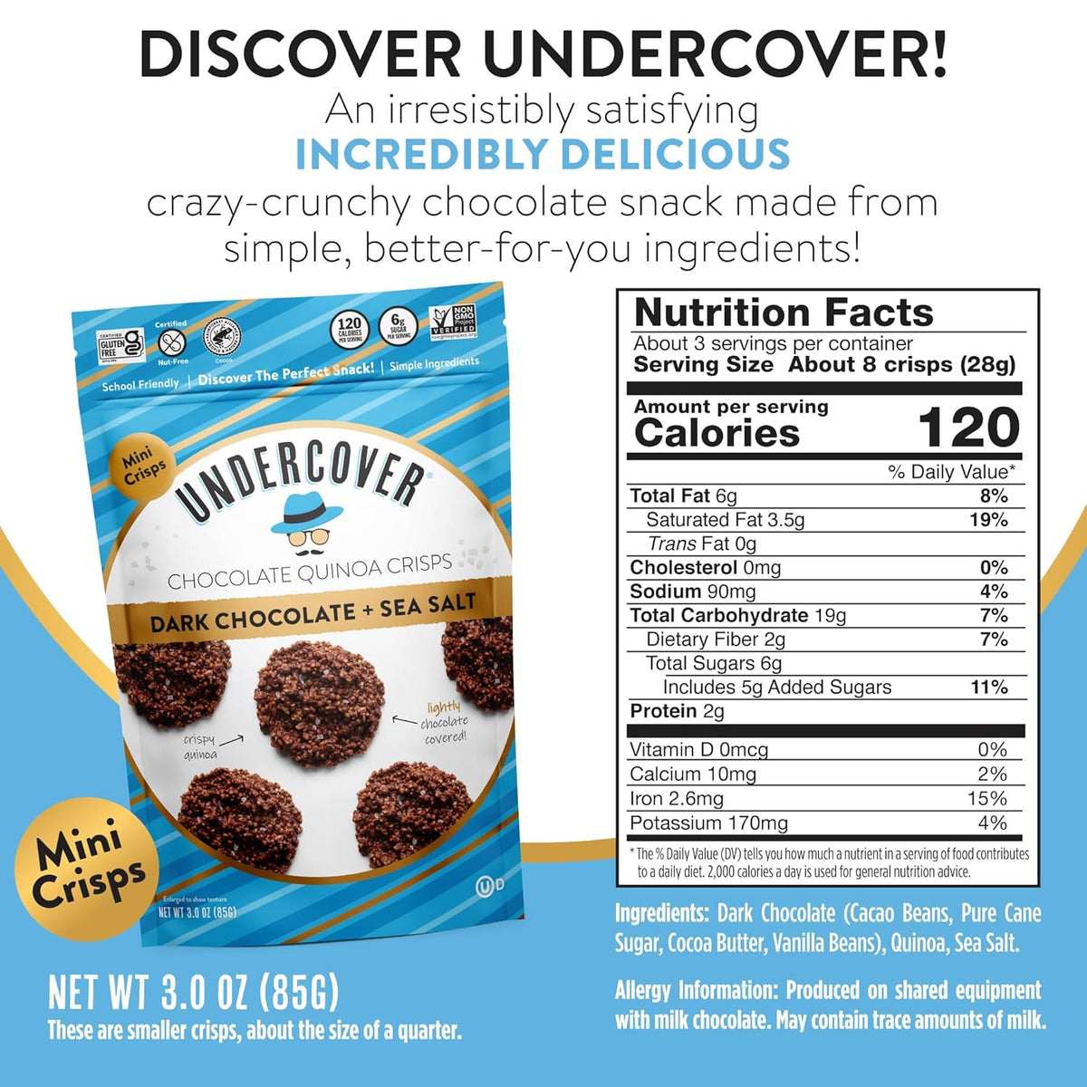 Undercover Snacks Chocolate Quinoa Crisps - Dark Chocolate + Sea Salt Quinoa Crisps | 7-Pack, 3oz Bags of Mini Crisps | Gluten Free, Nut-Free, Allergen Friendly, Kosher, Plant-Based