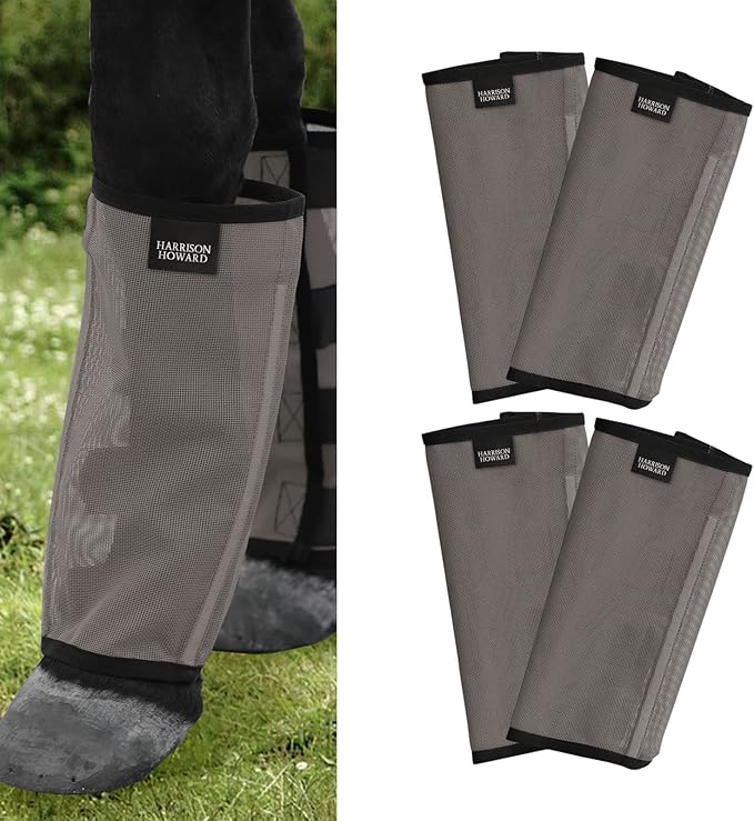 Harrison Howard Loose Fitting Fly Boots UV-Protective Extra Tough Mesh Ventilated Four Fasteners Stay-on Design Protect Horse Legs & Stomp-Reducing Set of 4 Dark Grey Small