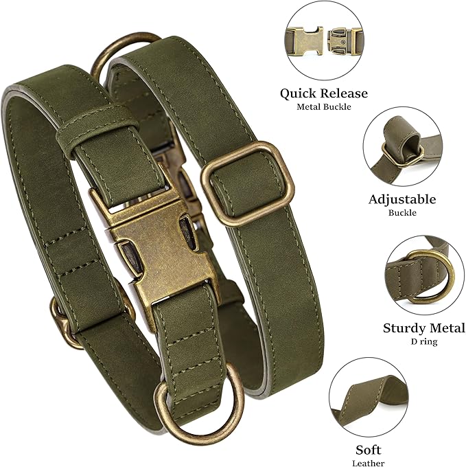 Didog Soft PU Leather Dog Collar, Stylish Quick Released Dog Collars for Large Dogs, Easy Clean Adjustable Pet Collar for Daily Walking, Dark Green, XL Fit 17-27" Neck