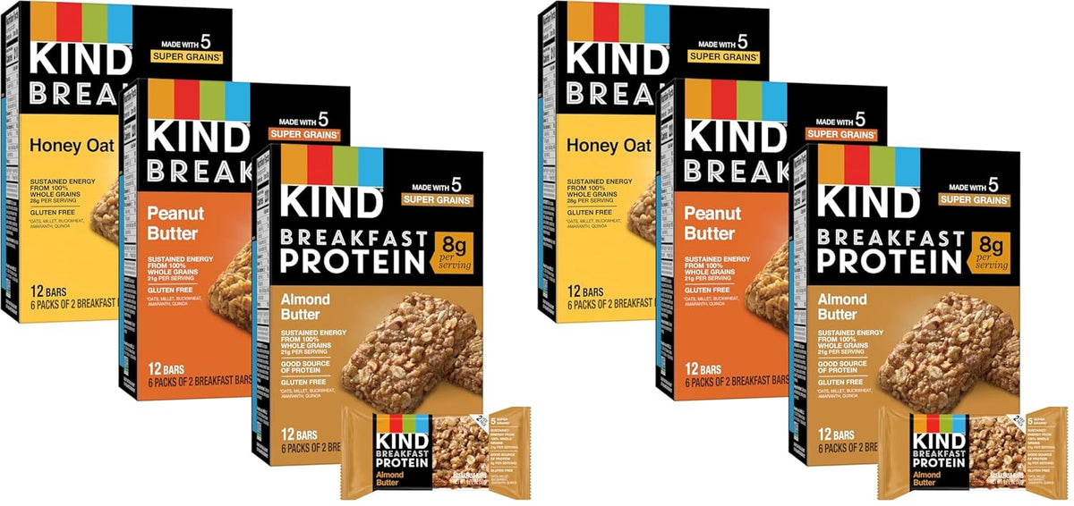 KIND Breakfast Bars Variety Pack, Gluten Free, Low Sodium, Healthy Snacks, Honey Oat, Almond Butter, Peanut Butter, 3-8g Protein, 18 Count (18 Packs of 2 Bars)