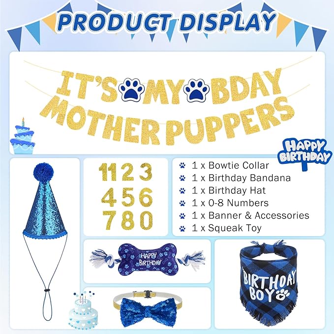 SCENEREAL Dog Birthday Party Supplies, Dog Birthday Bandana Hat Toy Bow Tie Collar Set with Birthday Numbers, Pet Birthday Scarf Accessories Outfit Decorations for Boy Girl Large XL Dogs