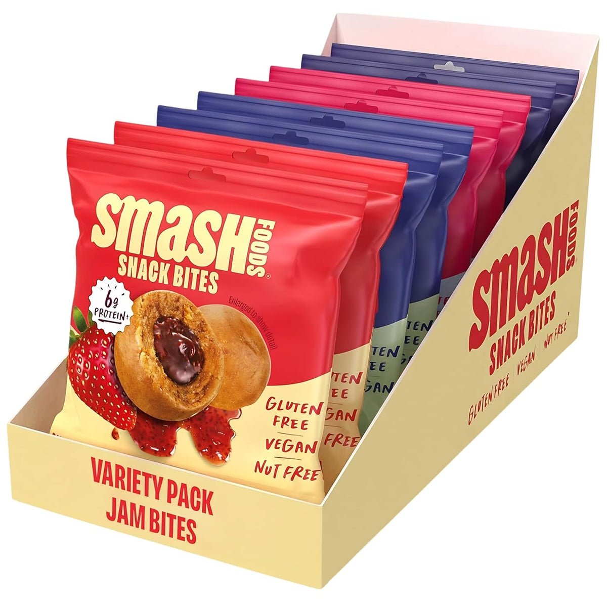 Smash Foods Variety Snack Bites to Go - Gluten Free Vegan Protein Balls Made with Nut Butters and Superfood Jam with Chia Seeds 8 Packs