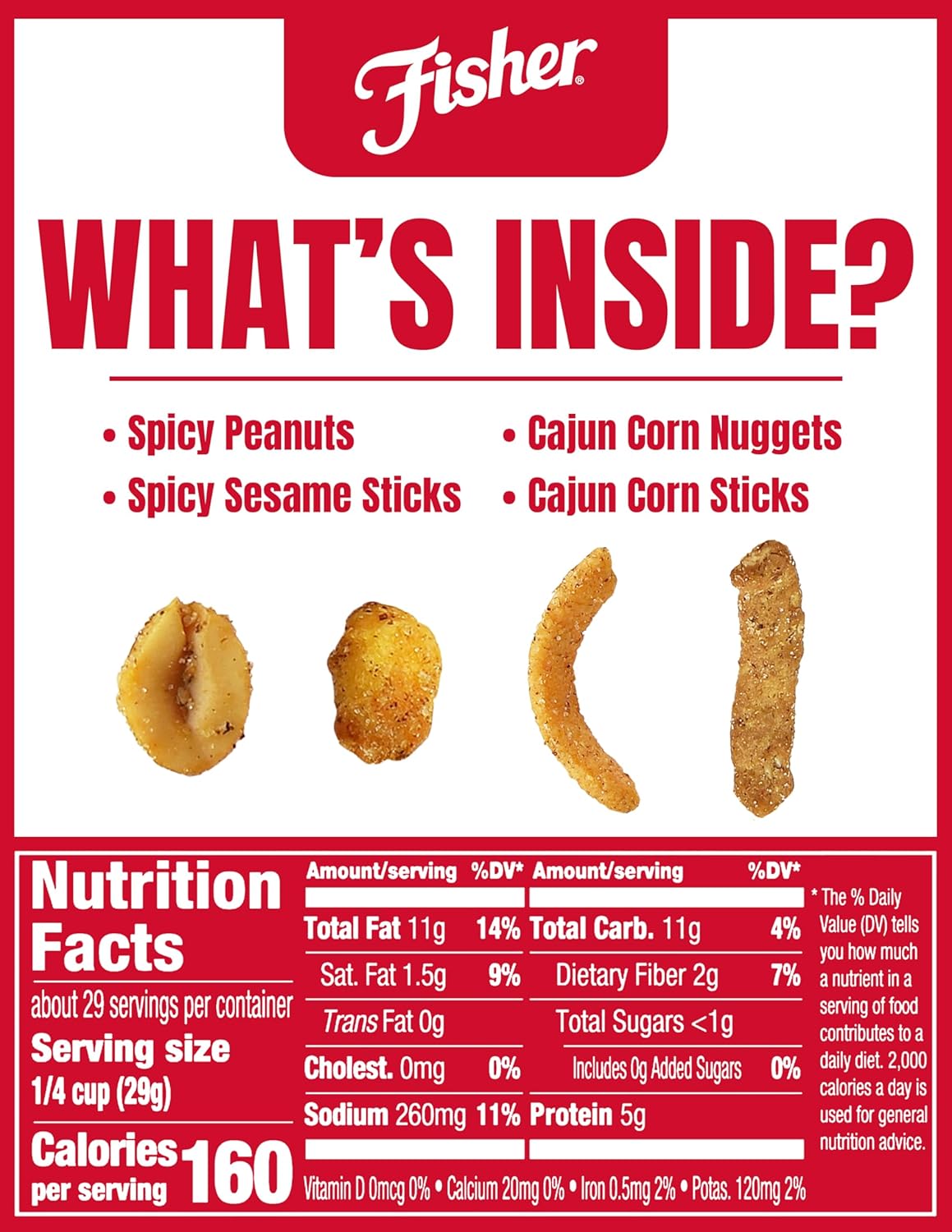Fisher Snack Spicy Cajun Trail Mix, 29.5 oz (Pack of 1), Resealable Jar, Bold & Crunchy Snack Mix with Peanuts, Corn Nuggets, Sesame Sticks, and Corn Sticks, Mildly Spicy Party Trailmix, Snacks for Adults