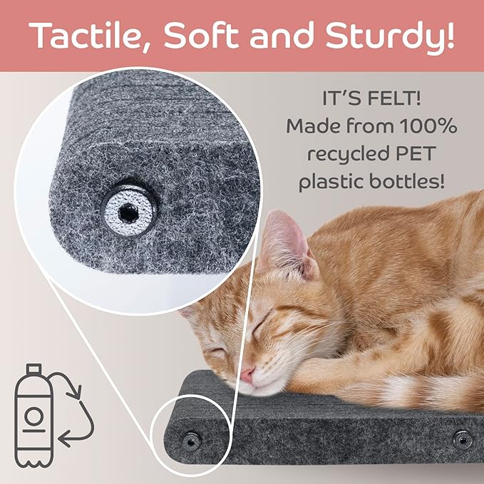 Wall Mounted Cat Steps Short Shelves (2) by Pryde Pets - Stairs for Walkways, 100% Sustainable PET Felt Feline Enrichment Climber Furniture for Indoor Cats, Modern Climbing Gym Design (Charcoal)
