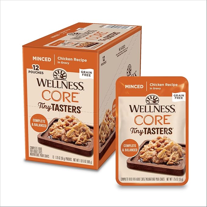 Wellness CORE Tiny Tasters Minced Adult Wet Cat Food, Natural, Protein-Rich, Grain Free, 1.75-Ounce Pouch, 12 Pack, (Chicken)