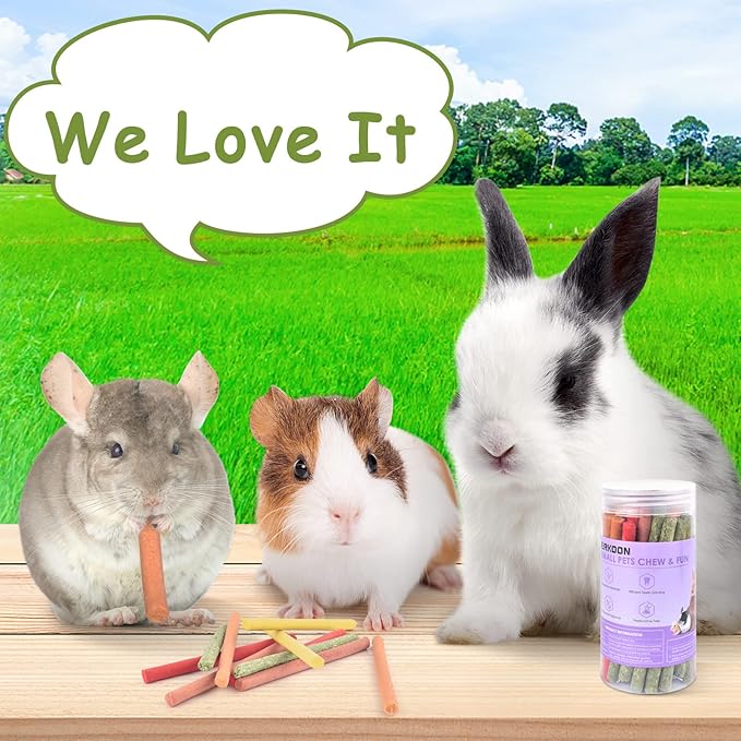 ERKOON 40Pcs Rabbit Timothy Hay Sticks, Five Flavors：PurplePotato/TimothyHay/Pumpkin/Strawberry/Carrot，Suitable Guinea Pig, Hamste, Gerbil, Chinchilla Treats, Chew Toys for Teeth for Bunnies ﻿