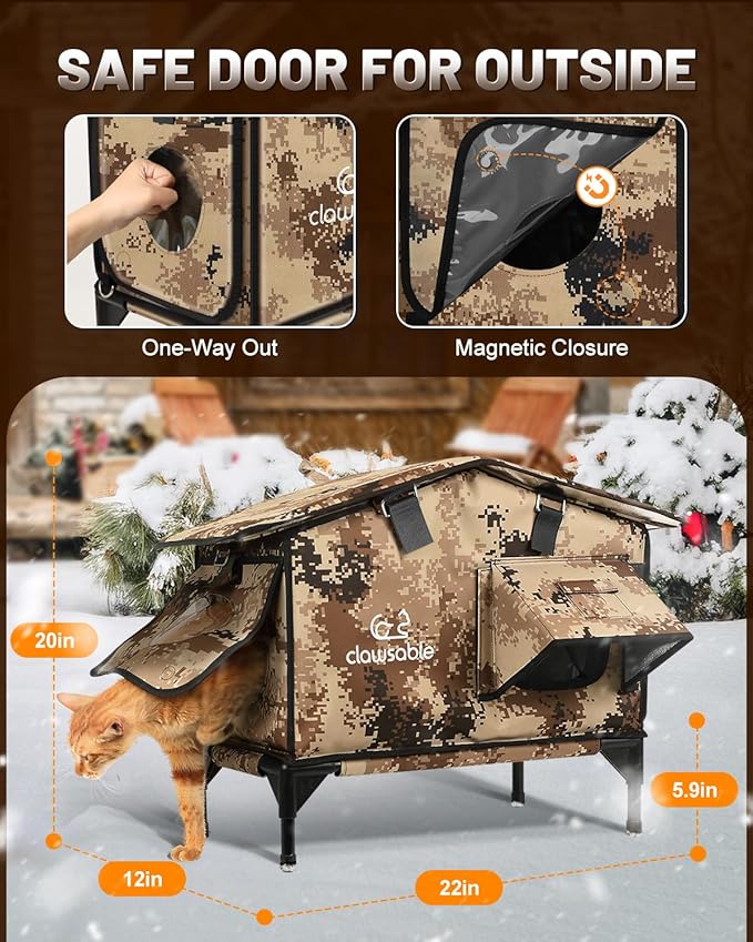 Upgraded Heated Cat House for Outside Escape Door, Highly Insulated Heated Outdoor Cat House Waterproof Awning, Weatherproof Outdoor Feral Cat Shelter for Stray Winter