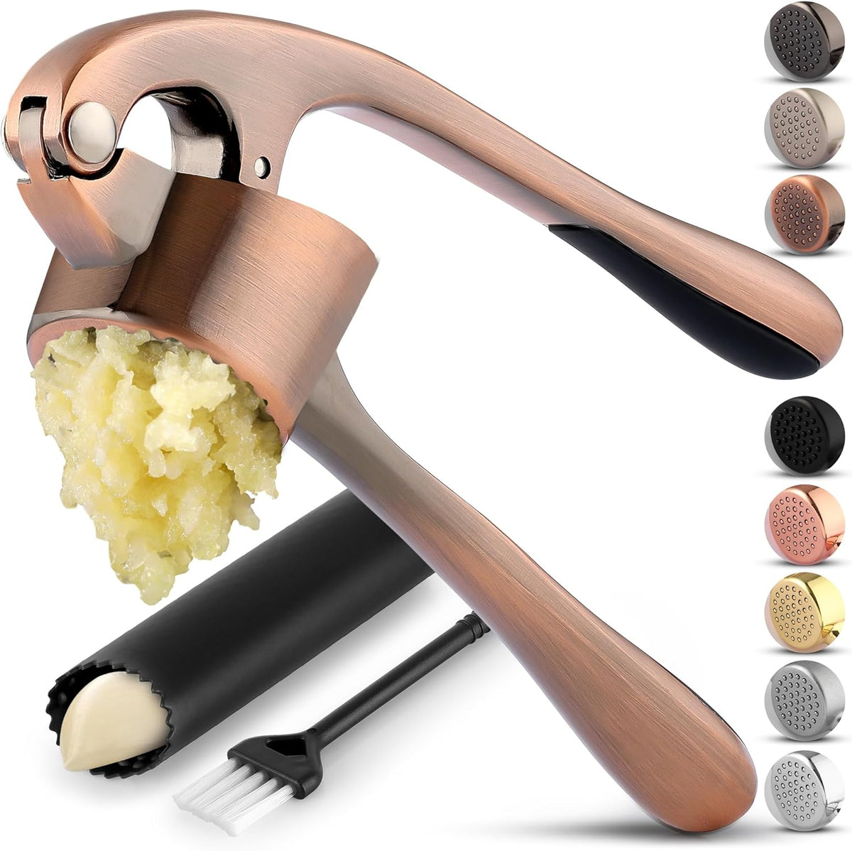 Zulay Kitchen Premium Garlic Press Set - Rust Proof Professional Garlic Mincer Tool - Easy-Squeeze, Easy-Clean with Soft, Ergonomic Handle - Silicone Garlic Peeler & Brush (Silver)
