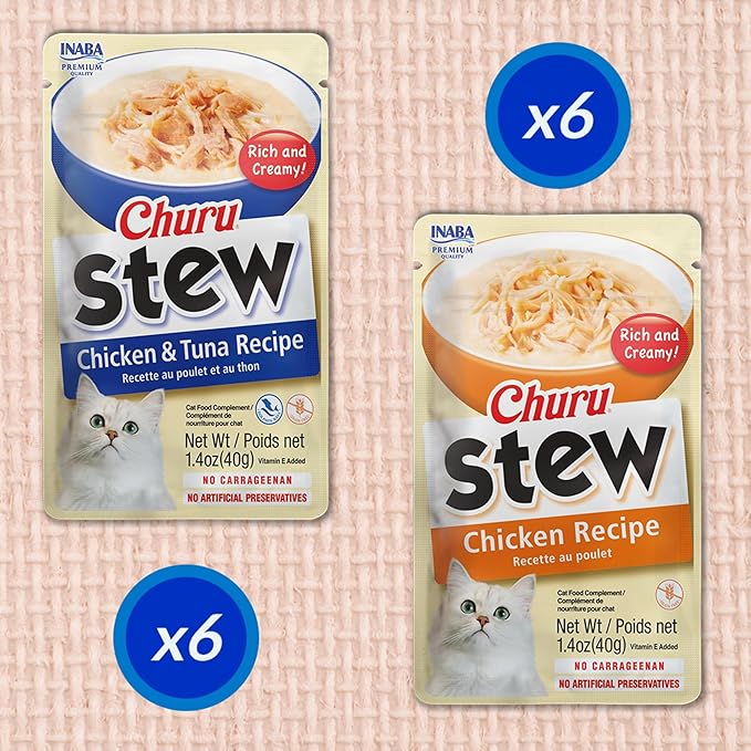 INABA Churu Stew for Cats, Side Dish Pouch with Vitamin E, 1.4 Ounces per Pouch, 12 Pouches, Chicken & Tuna Variety