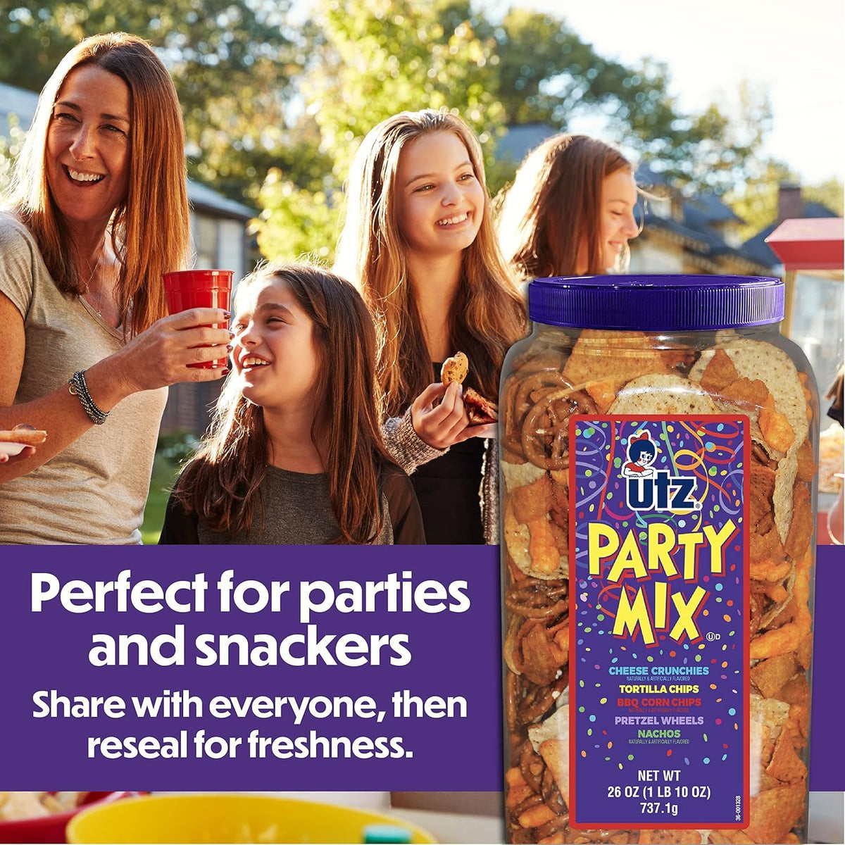 Utz Party Mix - Tasty Snack Mix Includes Corn Tortillas, Nacho Tortillas, Pretzels, BBQ Corn Chips and Cheese Curls, Cholesterol Free and Trans-Fat Free, 1.62 Pound (Pack of 1)