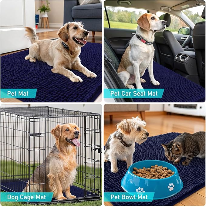 OLANLY Dog Door Mat for Muddy Paws 59x32, Absorbs Moisture and Dirt, Absorbent Non-Slip Washable Doormat, Quick Dry Chenille Mud Mat for Dogs, Entry Indoor Entryway Carpet for Inside Floor, Navy Blue