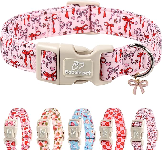Girl Dog Collar for Large Dogs - Cute Heart Bow Print Girly Dog Collars, Soft Adjustable Spring/Summer Holiday Female Dogs Collar with Quick-Release Buckle L