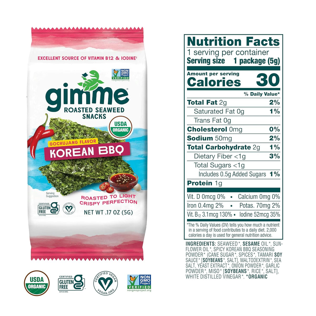 Gimme Seaweed Organic Premium Roasted Seaweed Snacks, Korean BBQ, 6 Count, Keto, Vegan, Gluten-Free, Great Source of Omega3s and Iodine, Healthy On-The-Go Snack for Kids and Adults