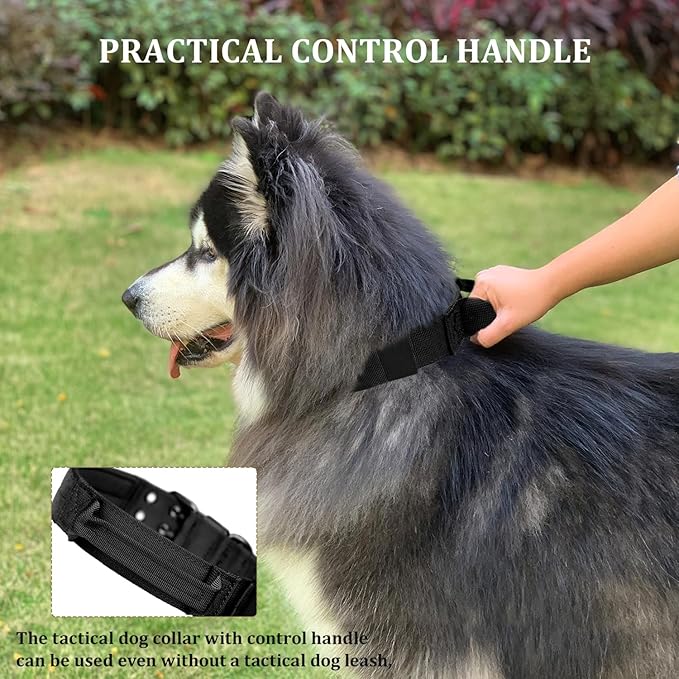 Tactical Dog Collar with Handle, Military Adjustable Heavy Duty Metal Buckle Dog Collars Soft Nylon Training Collar for Medium Large Dogs (Black, Large)