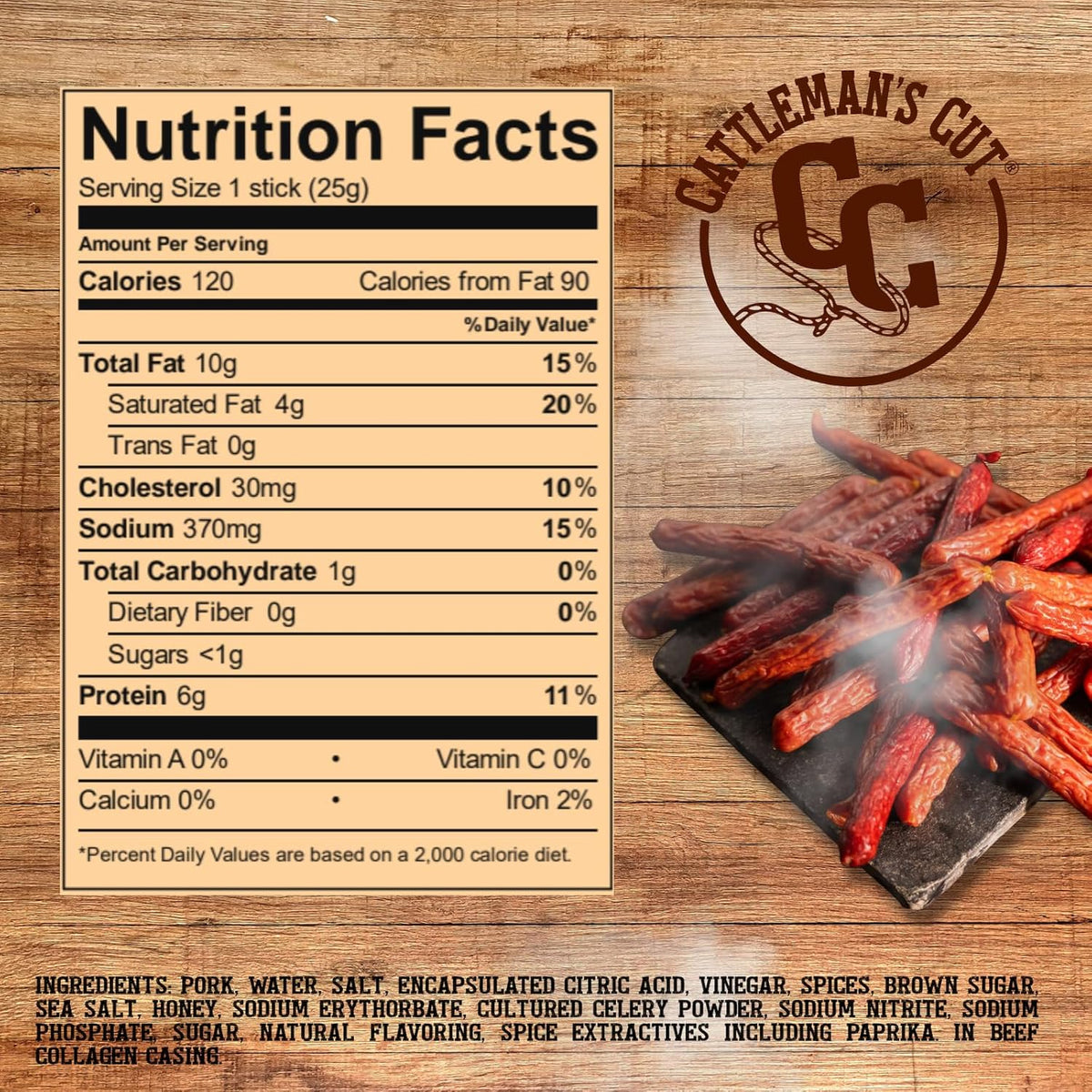 Cattleman's Cut Double Smoked Sausages Meat Sticks, Premium Protein Snacks, Keto Friendly, Gluten Free, Carnivore Travel Snack, Resealable Bag, 12 Ounce