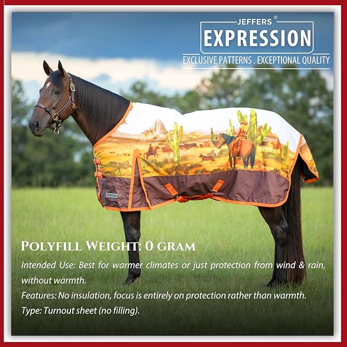 Jeffers Expression 1200 Denier Standard Neck Turnout Sheet, Cattle Drive, 75"- Waterproof, Breathable Horse Sheet with 0g Polyfill, No Insulation, Ideal Protection for Wind & Rain, Lightweight