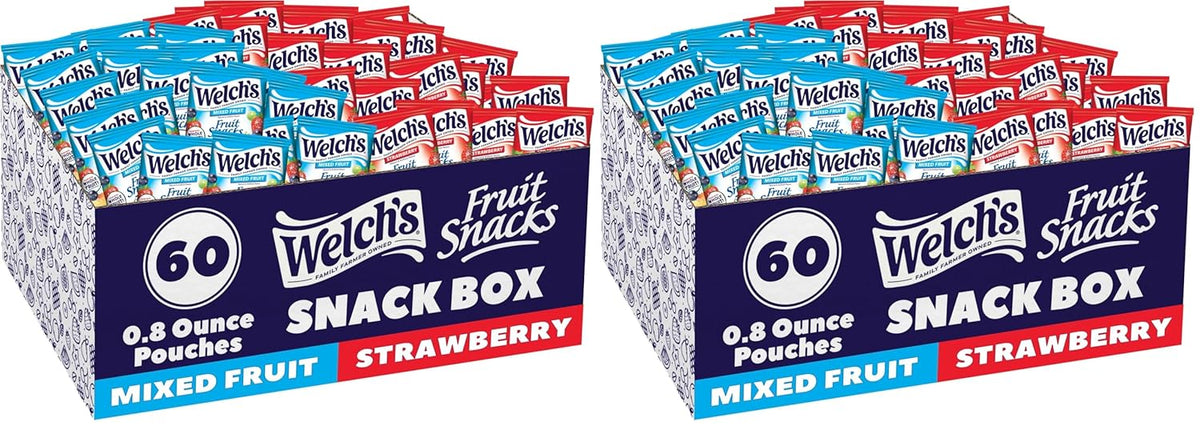 Welch's Fruit Snacks, Mixed Fruit & Strawberry Snack Box, Gluten Free, 0.8oz Snack Packs (Pack of 60)