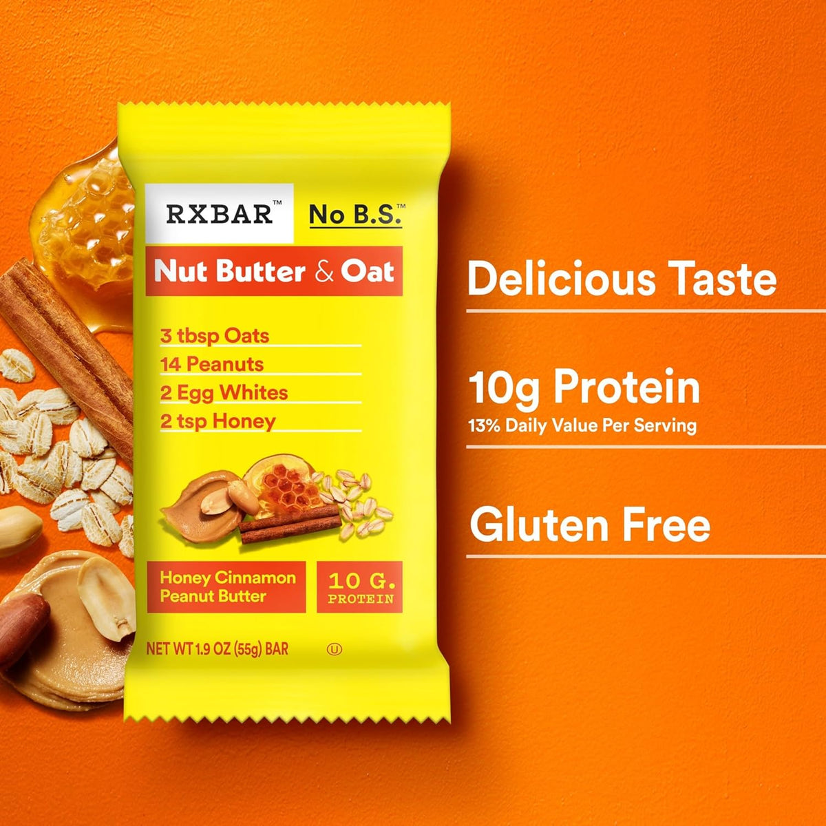 RXBAR Nut Butter and Oat Protein Bars, Protein Snacks, Snack Bars, Honey Cinnamon Peanut Butter, 23.2oz Box (12 Count)