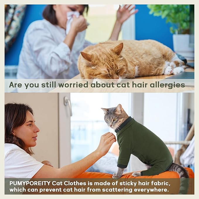 PUMYPOREITY Sticky Hair Cat Clothes, Prevent Loss Pajamas, Soft Sweaters for Cats Only, Onesie, Recovery Suit After Surgery, Green, M