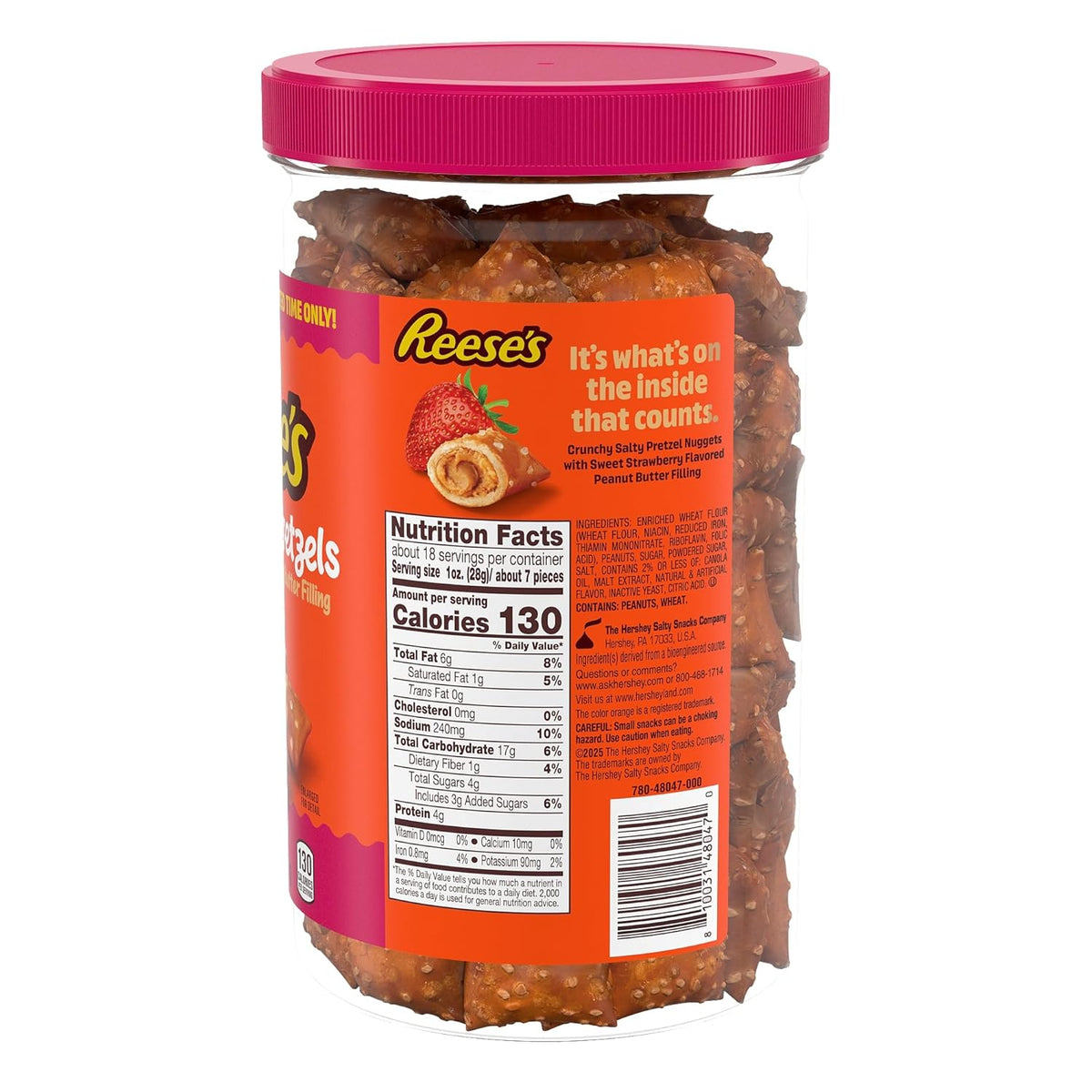 Reese's Filled Pretzels, Peanut Butter and Strawberry Flavored Pretzel Nuggets, Crunchy, Ready to Eat, Sweet and Salty Snack, 18 oz Cannister