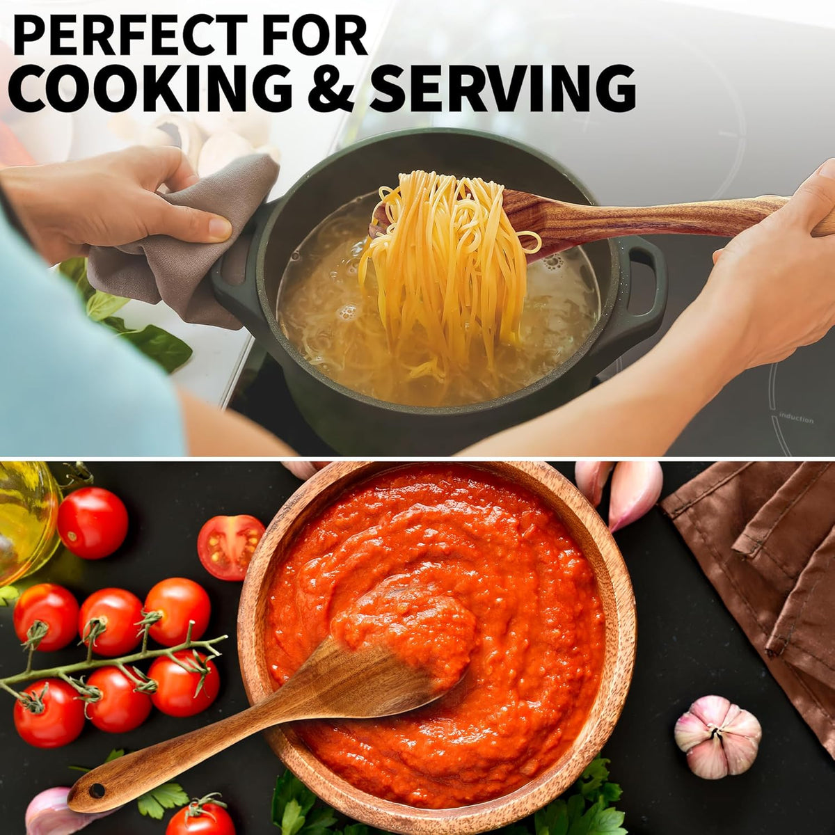Zulay Kitchen 6-Piece Wooden Spoons for Cooking - Smooth Finish Teak Wood Utensils - Soft Comfort-Grip Cooking Wood Spoons Non-Stick Teak Easy to Clean Utensils Heat Resistant Non-Scratch Spoon Sets