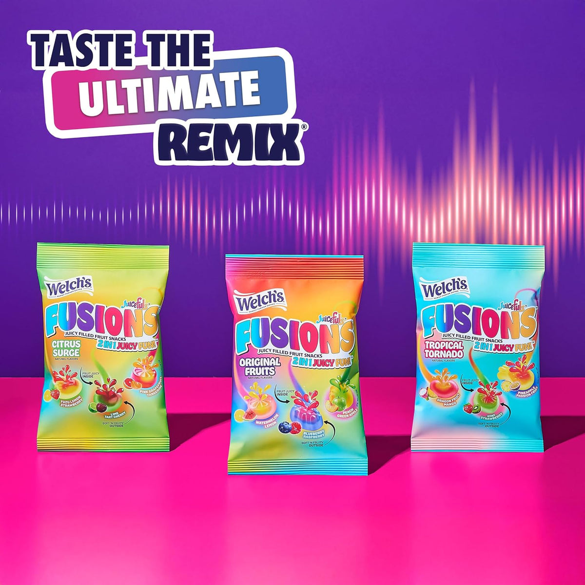 Welch's Fruit Snacks, Juicefuls Fusions, Three Unique Flavor Snack Packs, Citrus Surge, Tropical Tornado, Original Fruits, Gluten Free, No Artificial Dyes & Flavors, 0.8oz (Pack of 50)