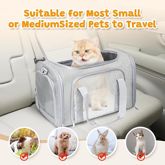 Cat Carrier Soft for Pets Up to 25 Lbs, Cat Travel Bag Soft-Sided with Padded Shoulder Strap, Pet Dog Carriers for Small Dogs Travel Puppy Carry Airline Approved, Grey
