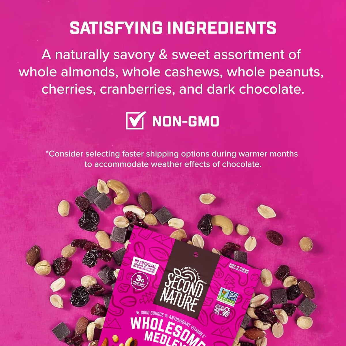 Second Nature Wholesome Medley Trail Mix - 12 Count, 2.25 oz Individual Snack Packs, Certified Gluten-Free – Dark Chocolate, Dried Fruit and Nut Trail Mix, Ideal for Travel Snacks