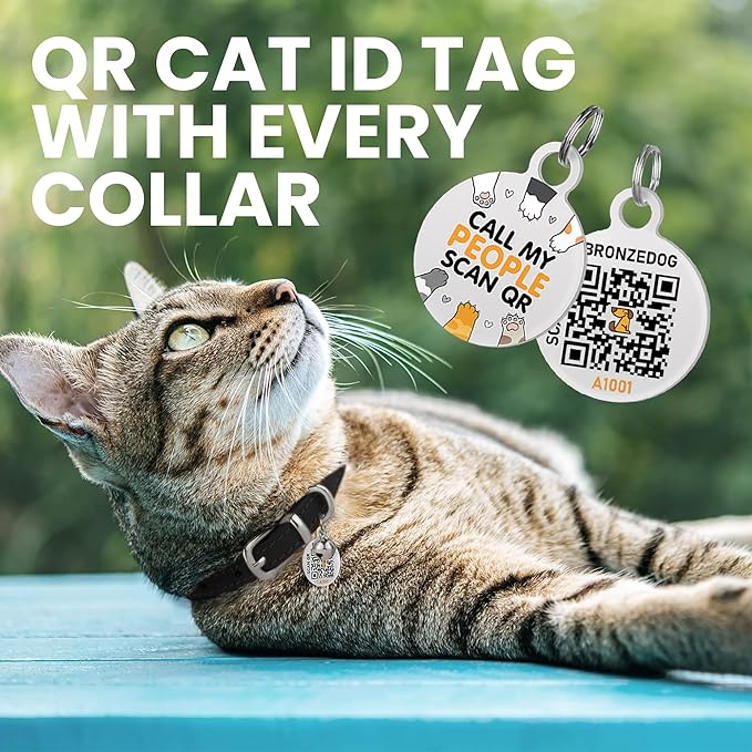 BRONZEDOG Leather Cat Collar with Removable Bells Non Breakaway Kitten QR Tag for Girl Boy (7" - 9" for Cats, Black & Silver) (Pack of 2)