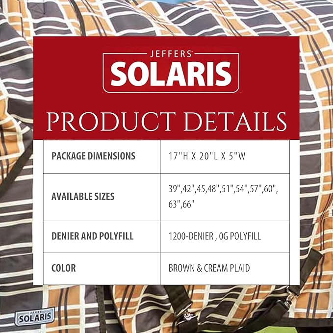 Jeffers Pony Poppins Solaris 1200 Denier Turnout Blanket Brown & Cream Plaid 39" - Waterproof, Breathable Horse Blanket with 0 gram Polyfill, No Insulation, Ideal Protection for Wind & Rain,