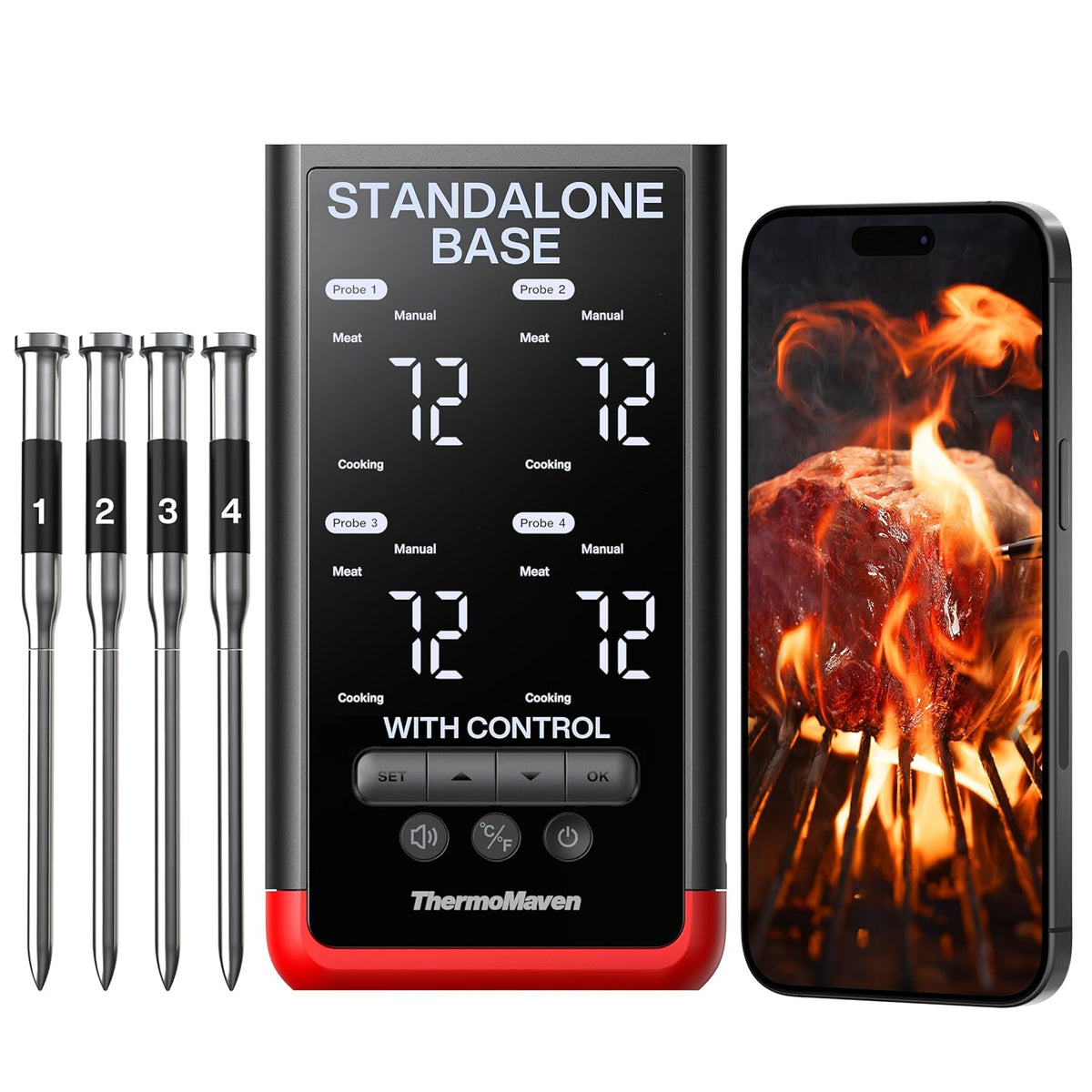 ThermoMaven Smart Bluetooth Wireless Meat Thermometer: Standalone Base, WiFi Unlimited Range, 6 Sensors with NIST Certified Accuracy, 2 Probes for Kitchen, BBQ, Grill, Oven, Smoker, Rotisserie