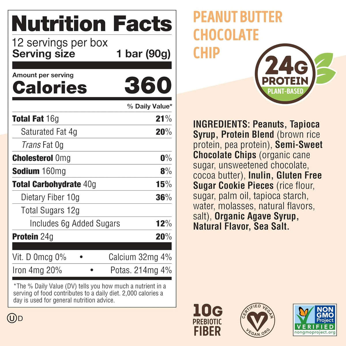 Lenny & Larry's Cookie-fied BIG BAR – Peanut Butter Chocolate Chip Vegan Protein Bars 12x90g – Healthy Snacks, 24g Plant Protein & 10g Prebiotic Fiber – Gluten-Free Power Bar & Vegan