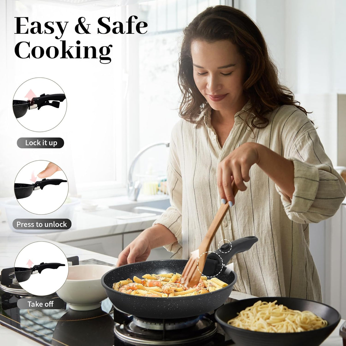 5PCS Pots and Pans Set Non Stick, Kitchen Cookware Sets with Detachable Handle, Ceramic Cookware Sets, Non Stick RV Cookware Cooking Set, Dishwasher ＆ Oven Safe, PFOA Free, Black