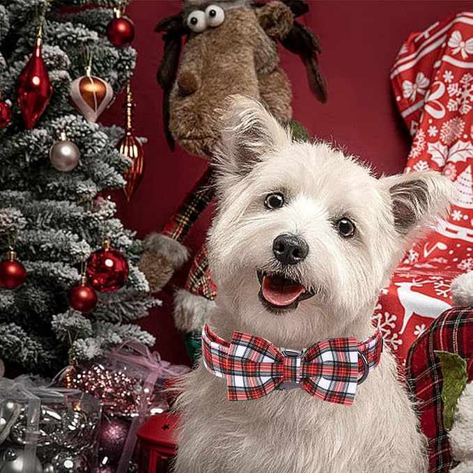 Christmas Dog Collar, Red Plaid Cotton Collars with Bow Adjustable Pet Collar Premium Metal Buckle, Christmas Puppy Necklace for Large Girl and Boy Dogs