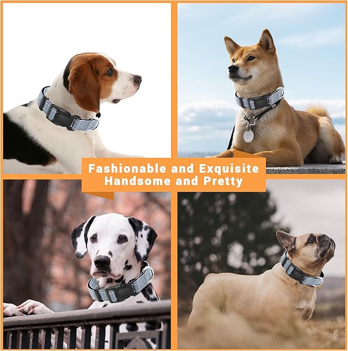 2 Pack Reflective Dog Collar with Safety Locking Buckle, Adjustable Soft Breathable Comfortable Nylon Pet Collar for Small, Medium and Large Dogs, Gray, M