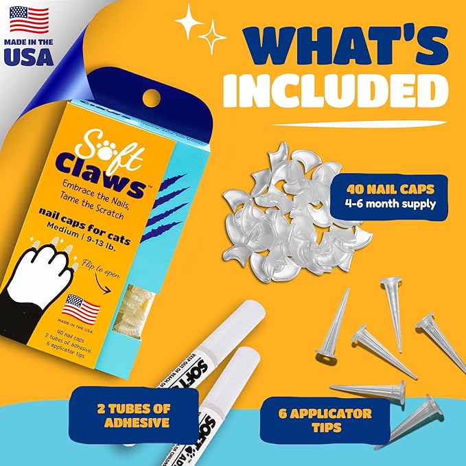 Soft Claws Cat Nail Caps for Medium Cats – (40 Caps, Black) - Made in USA - Veterinarian-Developed | Protects Furniture & Skin - Easy to Apply, Long-Lasting Anti-Scratch Soft Cat Claw Covers
