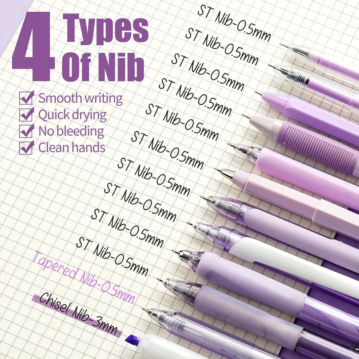 Four Candies Lavender Series Gel Pens, Black & Purple Ink Writing Pens with 0.5 mm Smooth Fine Point, School Office Stationery Supplies Desk Accessories Stocking Stuffers Gifts for Women, Set of 12