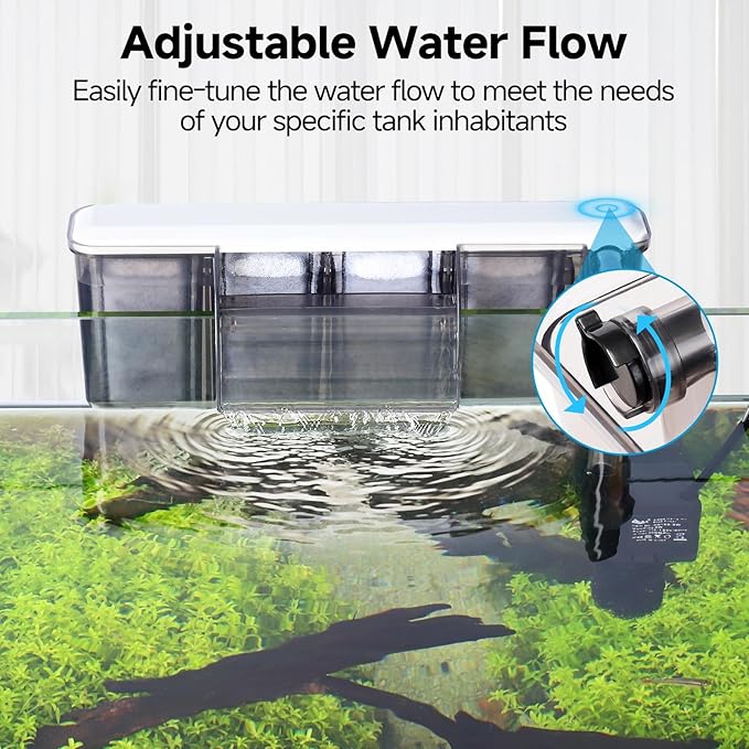 AQQA Quiet 30-50 Gallon Fish Tank Filters - Auto Start Hang on Back Aquarium Filter, Adjustable Flow, Deodorization Decontamination Filter System AQ168 (8W 200GPH)