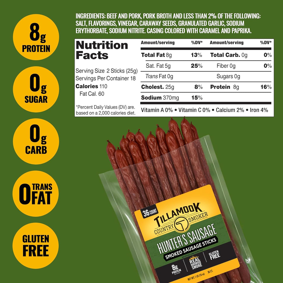 Tillamook Country Smoker Smoked Sausage, Hunter's Sausage, 16 Ounce (36 Count Meat Sticks Bulk Pack) Real Hardwood Smoked, Low Carb, High Protein Ready to Eat Keto Snack
