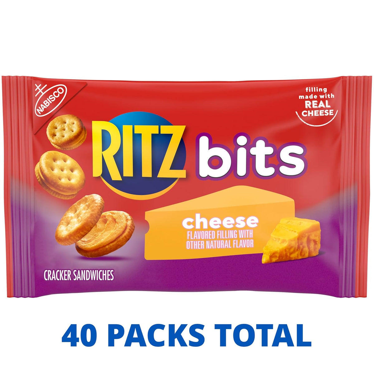 RITZ Bits Cheese Sandwich Crackers, Bulk Lunch Snacks, 40 Snack Packs (4 Boxes)