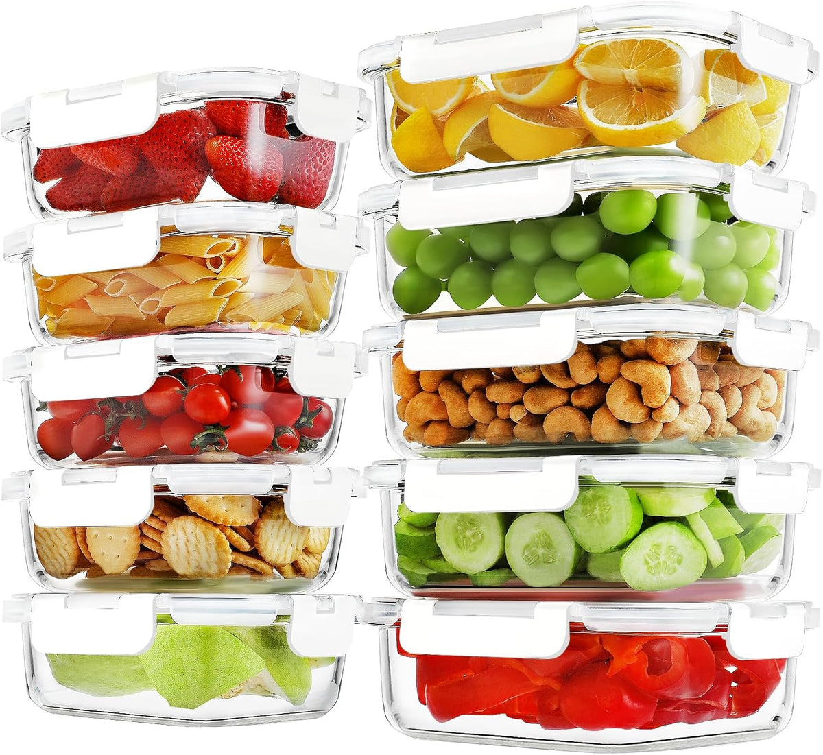 HOMBERKING 10 Pack Borosilicate Glass Meal Prep Containers with Locking Lids, Glass Food Storage Containers Set, Airtight Lunch Bento Boxes, BPA-Free & Leak Proof, 36oz & 14oz, Freezer, Oven Safe